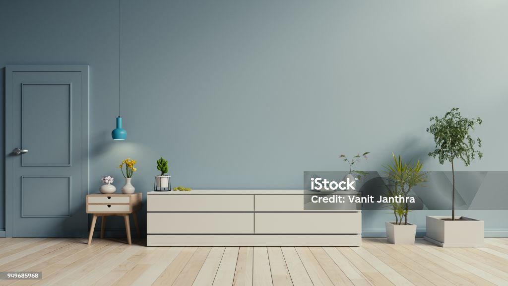 Cabinet TV on the wooden floor Cabinet TV on the wooden floor in modern living room,3d rendering Living Room Stock Photo