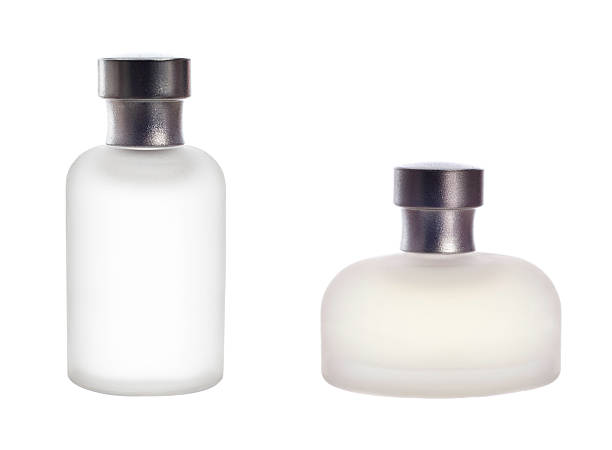 White perfume bottle floating in mid air on white background in monochrome and minimalism. Illustration of the concept of fragrance, female products, beauty and fashion