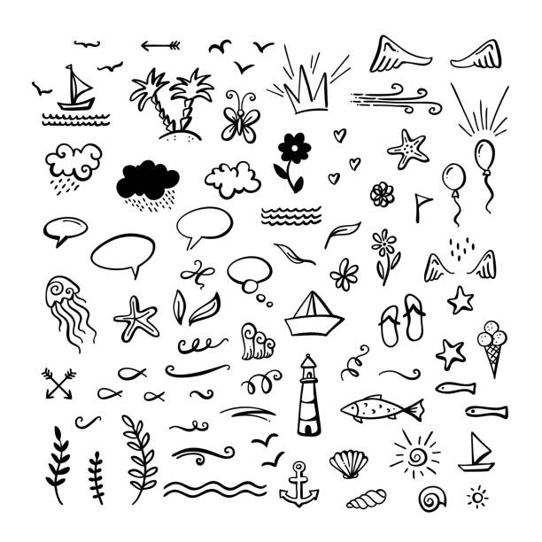 Vector hand-drawn doodle clipart on sea / ocean / summer theme. Doodle elements are perfect for invitation, poster, mug, bag, card or t-shirt design. Black and white duotone illustration. lighthouse drawings stock illustrations