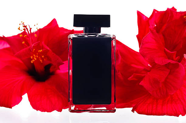 Miniatura nero bottiglia di profumo con i fiori di Ibisco rosso - foto stock