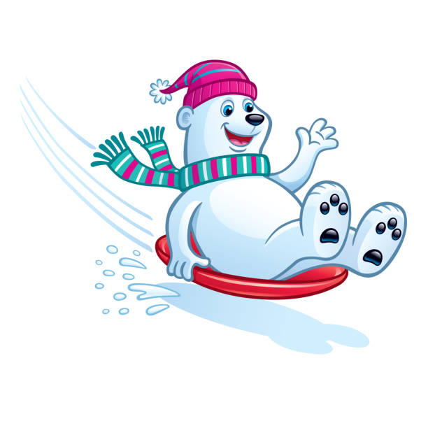 ilustrações, clipart, desenhos animados e ícones de urso polar feliz neve sledding - 2334