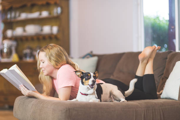 istock Young woman reading on the couch with her dog 949705070