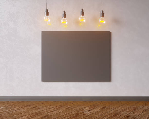 istock Canvas hanging under decorative vintage light bulbs. 3d illustration 949710640