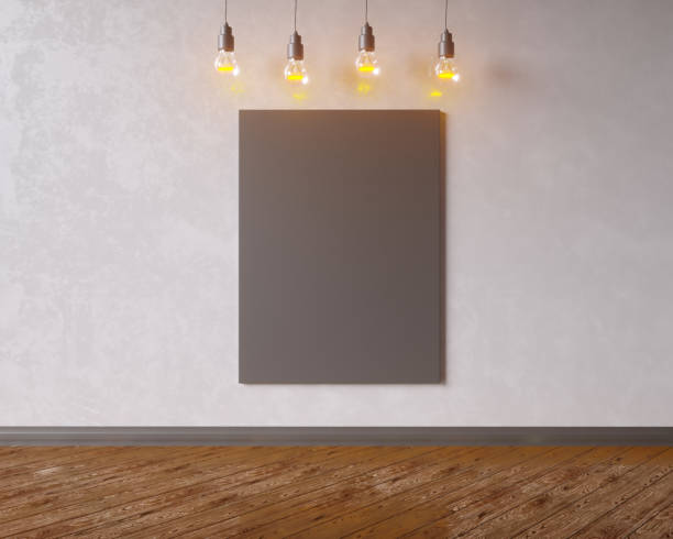 istock Canvas hanging under decorative vintage light bulbs. 3d illustration 949710668