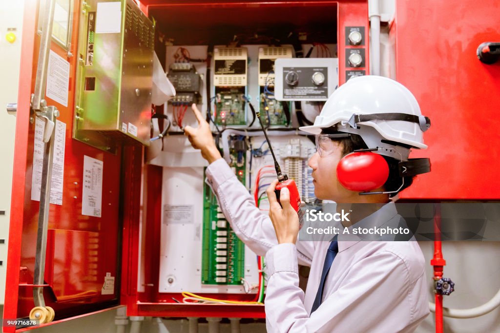 Fire System Engineer Engineer Checking Industrial Fire Control System Fire Alarm Controller ...
