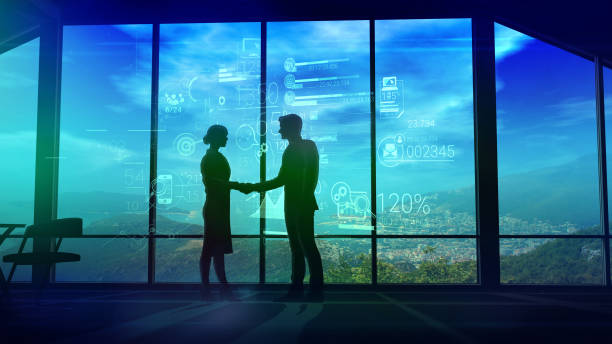 geschäftspartnern die hand auf dem hintergrund des unternehmens infografiken - silhouette handshake business customer stock-fotos und bilder