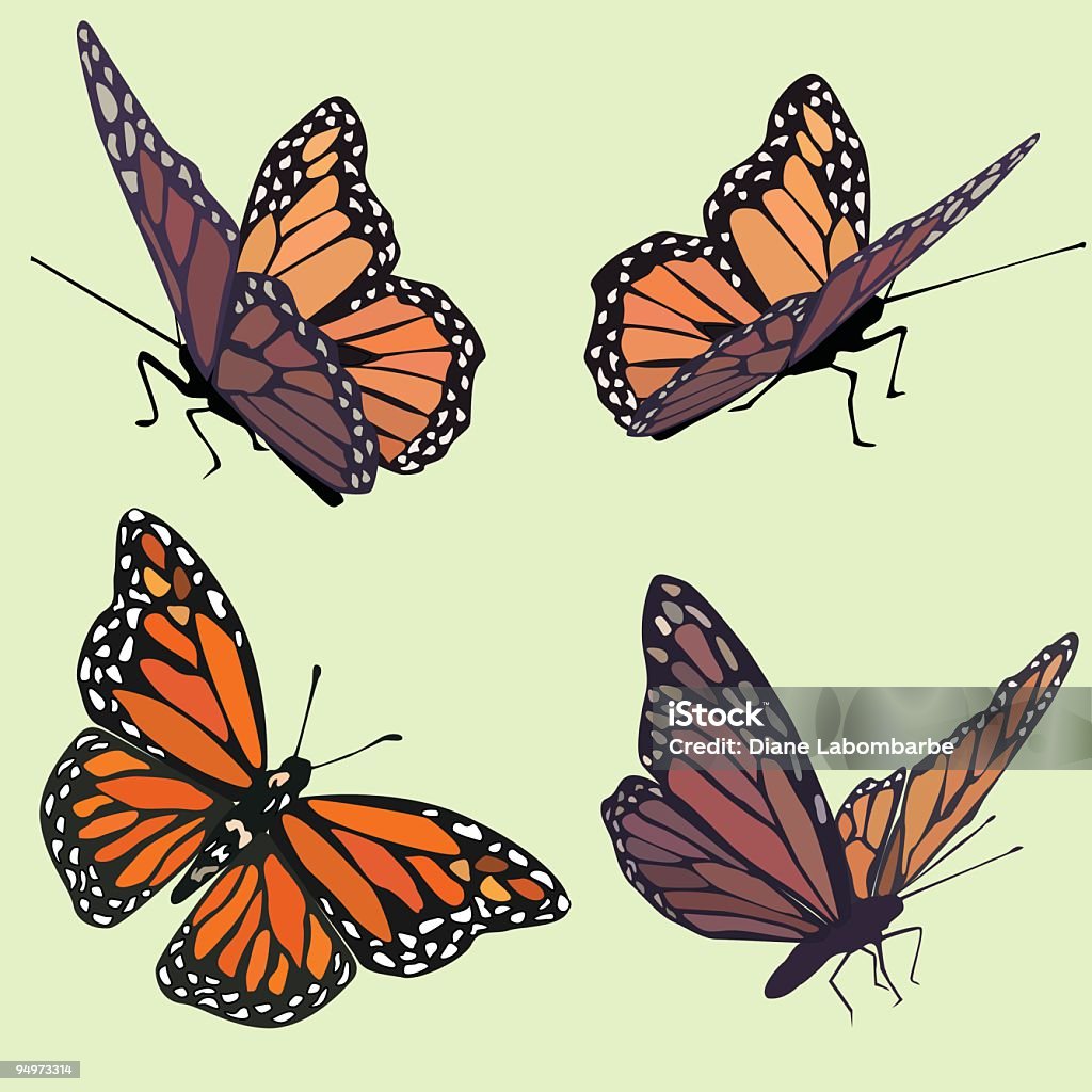 Farfalle monarca in quattro diverse posizioni su sfondo verde pastello - arte vettoriale royalty-free di Farfalla