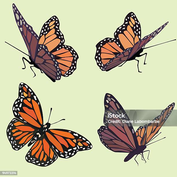 Farfalle Monarca In Quattro Diverse Posizioni Su Sfondo Verde Pastello - Immagini vettoriali stock e altre immagini di Farfalla