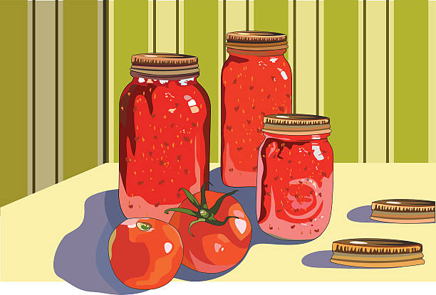 캐닝 단지를 토마토 - tomato sauce jar stock illustrations