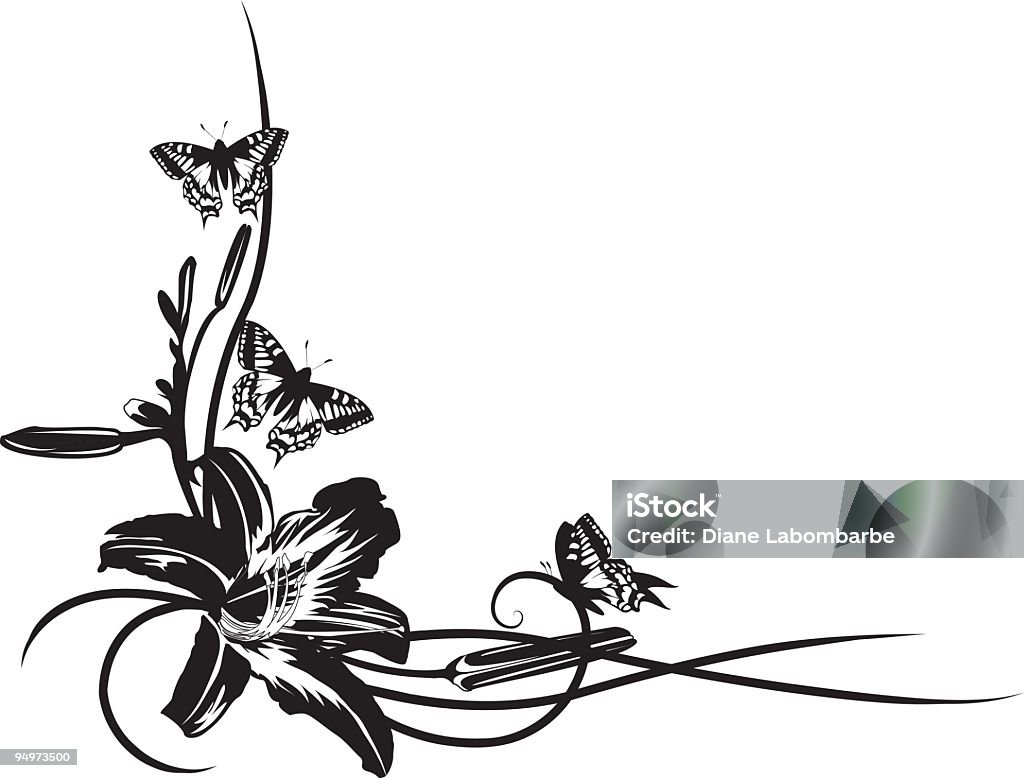 Large Lily Flower with Butterflies Black and White Corner Element Lily & Butterflies black corner element. No gradients. Butterflies are on their own layer for easier editing.  Large Lily Flower with Butterflies Black and White Corner Element with large copy space on the right of the element.  this could be used for garden party invites, bridal shower invites or design accents on posters. Angle stock vector