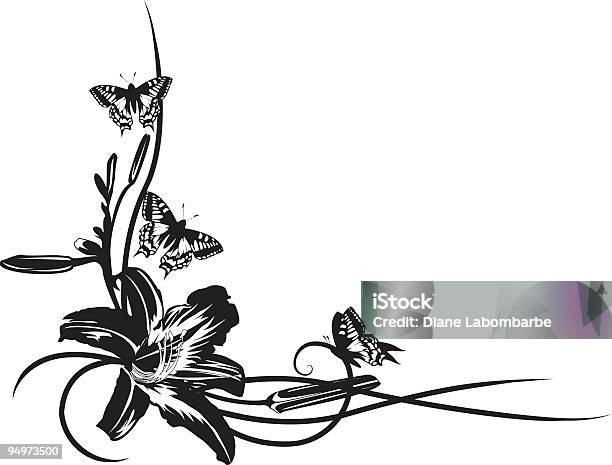 Large Lily Flower With Butterflies Black And White Corner Element Stock Illustration - Download Image Now