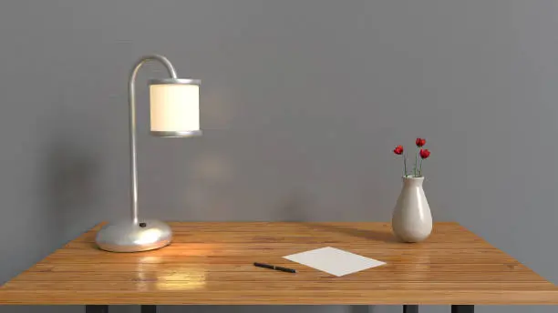 grey room and wood table,lamp pen blank paper vase with red flower on table interiors 3d rendering