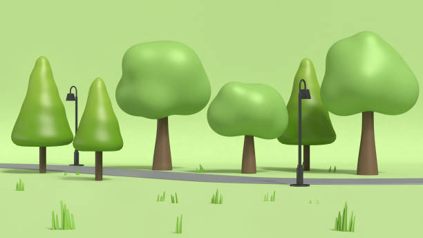 walkway and lamp with many trees in green parks,cartoon style low poly 3d rendering