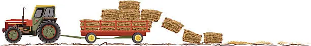 Vector illustration of Tractor Fall Harvest Horizontal Border with Wagon and Hay