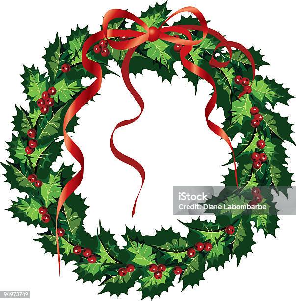 Holiday Holly Blätter Und Berry Kranz Mit Roter Schleife Stock Vektor Art und mehr Bilder von Weihnachten
