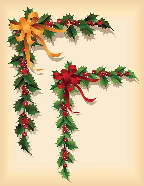Vector illustration of Two Holly Corners and Ribbons Clipart on Parchment Background