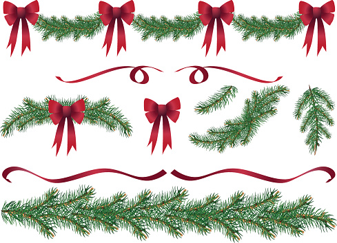 Evergreen Garland Swags and Design Elements Clipart with Red Bows