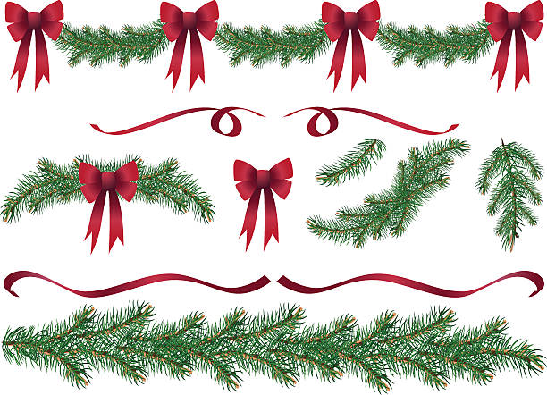 Evergreen Garland Swags and Design Elements Clipart with Red Bows Evergreen Design Elements. Christmas decoration evergreen garland swags and design elements clipart with red ribbons and red bows.  The evergreen swags,boughs,ribbons and branches are of various lengths. The elements can be easily manipulated.  christmas clipart stock illustrations