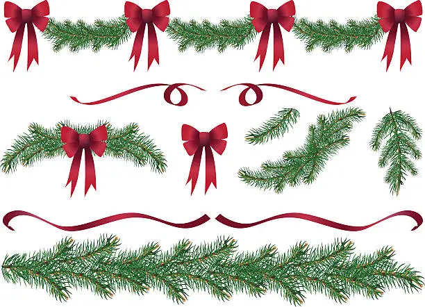 Vector illustration of Evergreen Garland Swags and Design Elements Clipart with Red Bows