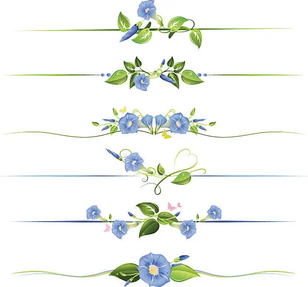 Vector illustration of Morning Glory Flowers and Vines Floral Dividers Illustration