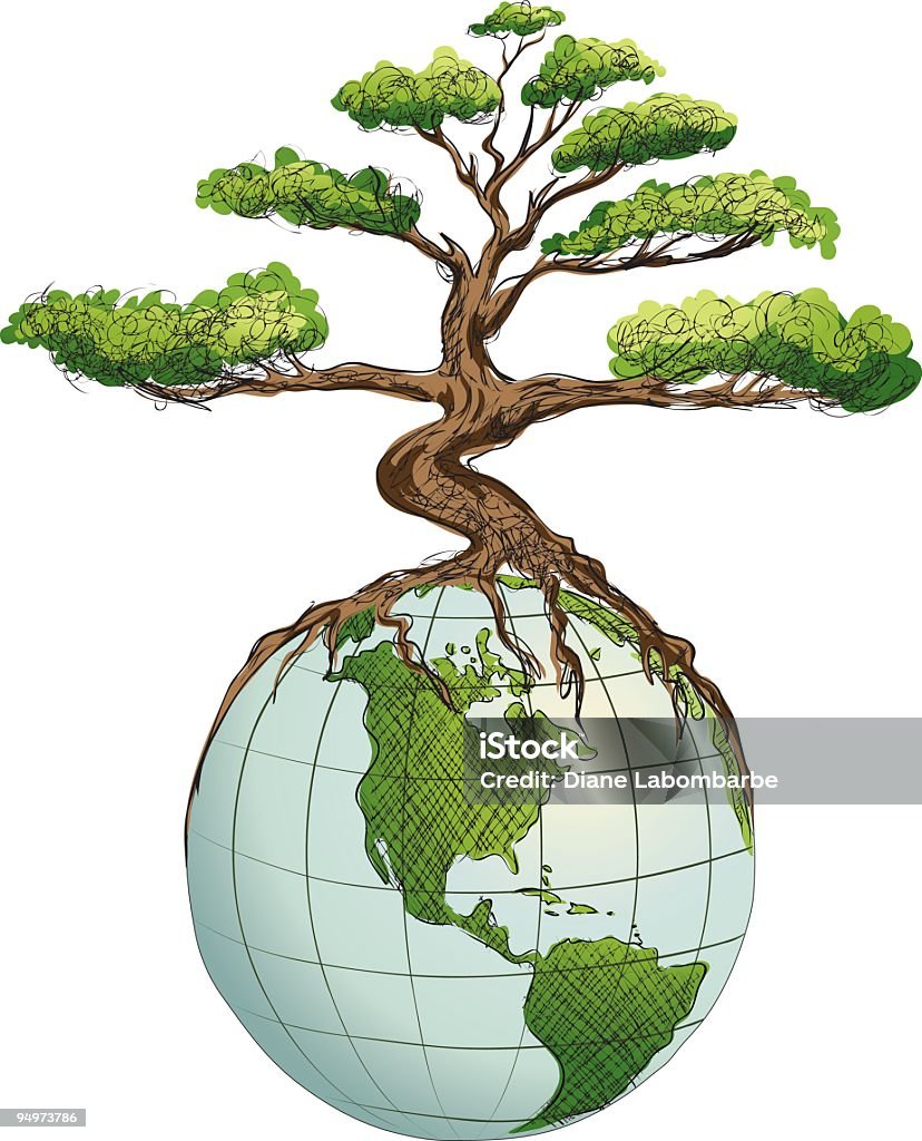 La prise de conscience environnementale de bonsaï développement au sommet du monde - clipart vectoriel de Arbre libre de droits