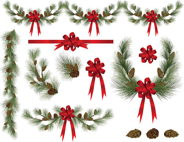 Holiday Pine and Spruce Elements Clipart with Red Bows Pine design elements. garland stock illustrations
