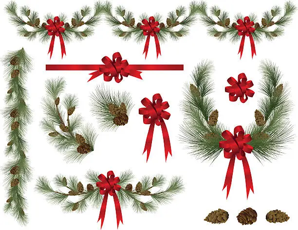 Vector illustration of Holiday Pine and Spruce Elements Clipart with Red Bows
