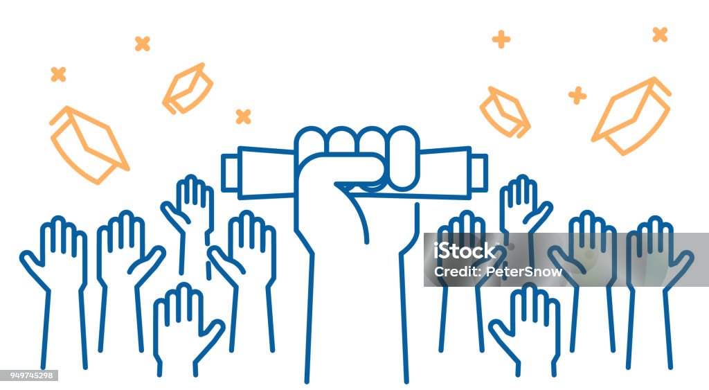 Graduation day. Celebration of knowledge. Graduates celebrating and throwing their academic hats into the air. End of academic year. Hand grabbing diploma certificate as a sign of success. vector eps10 Graduation stock vector