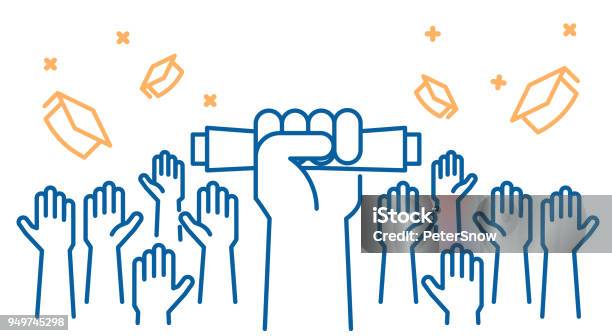 Graduation Day Celebration Of Knowledge Graduates Celebrating And Throwing Their Academic Hats Into The Air End Of Academic Year Hand Grabbing Diploma Certificate As A Sign Of Success Stock Illustration - Download Image Now