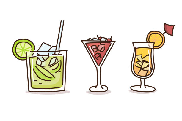 sommer-drinks in trendigen doodle hand gezeichnete stil. vektor-illustrationen mit frischen cocktails - summer party drink umbrella concepts stock-grafiken, -clipart, -cartoons und -symbole