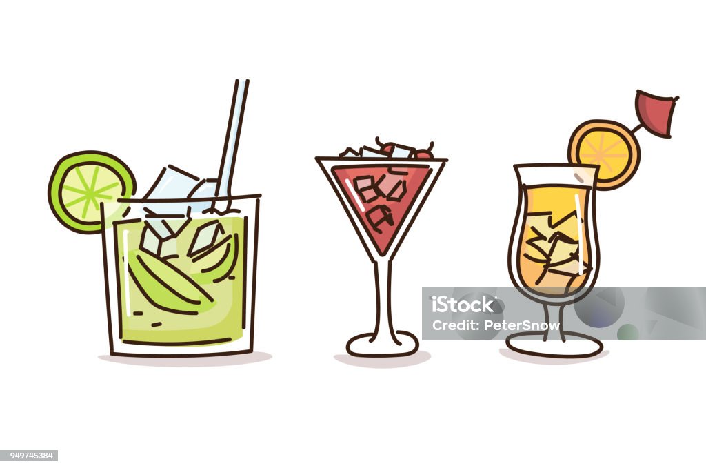 Summer drinks in trendy doodle hand drawn style. Vector illustrations with fresh cocktail drinks vector eps10 Caipirinha stock vector