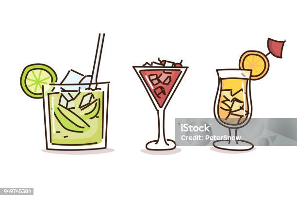 Summer Drinks In Trendy Doodle Hand Drawn Style Vector Illustrations With Fresh Cocktail Drinks Stock Illustration - Download Image Now