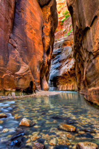 View of Zion Canyon walls near the Temple of Sinawava in Zion National Park Utah at viewpoint and parking along the Virgin River