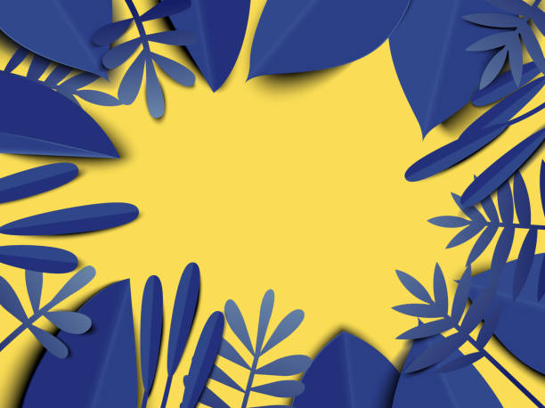 istock Blue leaves on yellow background, paper art/paper cutting style 949751082