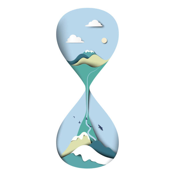 góra z błękitnym krajobrazem nieba w piaskowej szkie domowej / zegarze, papierowej sztuce / stylu cięcia papieru - sand clock illustrations stock illustrations