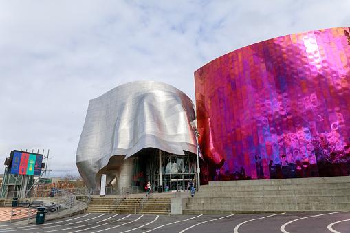 Seattle, Washington - April 9, 2018 : The Museum of Pop Culture (MoPOP), formerly called the Experience Music Project, near the Seattle Space Needle.
