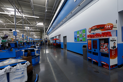 Portland, Oregon, USA - April 9, 2018 : Walmart store interior. is an American multinational corporation that runs large discount stores and is the world's largest public corporation.