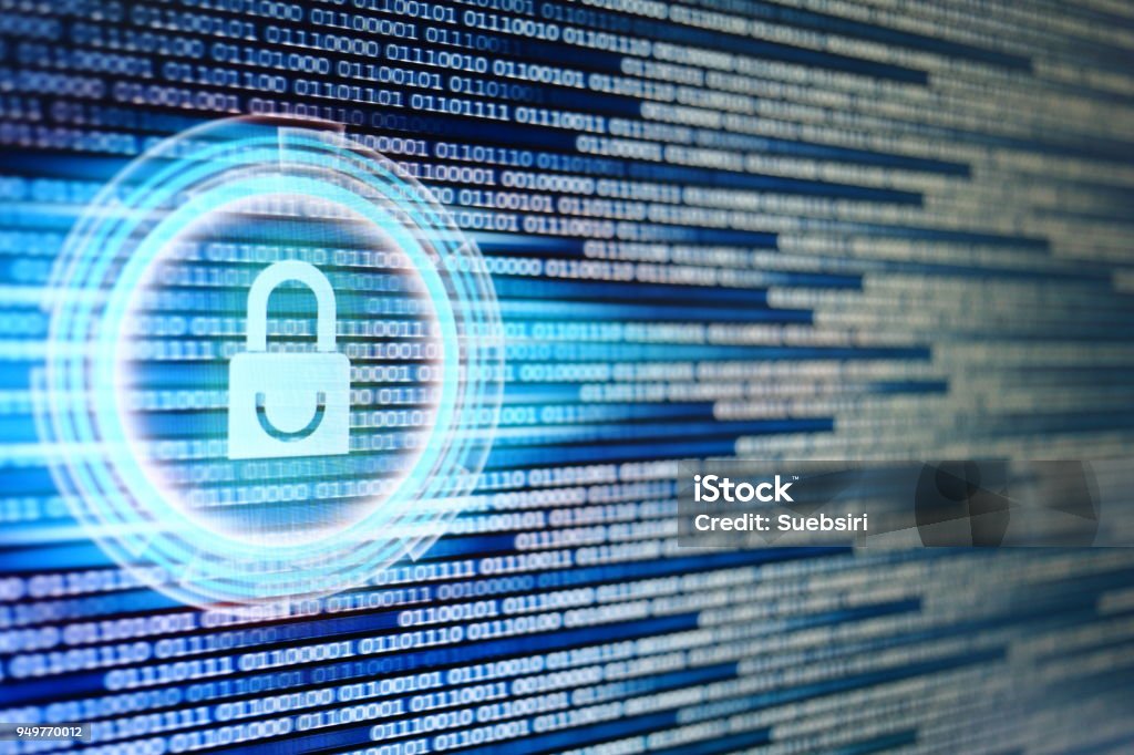 padlock icon on LED computer display screen with binary code moving in the background. password and data privacy protection in internet data transfer concepts. cyber network security blue color. Data Stock Photo