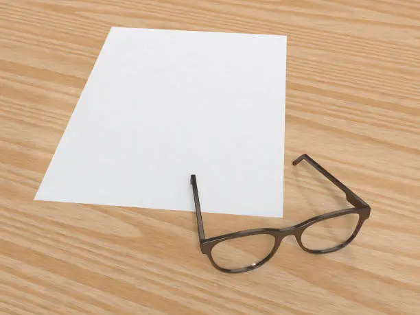 blank paper and glasses on wood floor 3d rendering