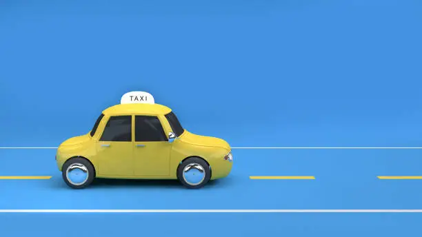 yellow taxi on road blue background 3d rendering