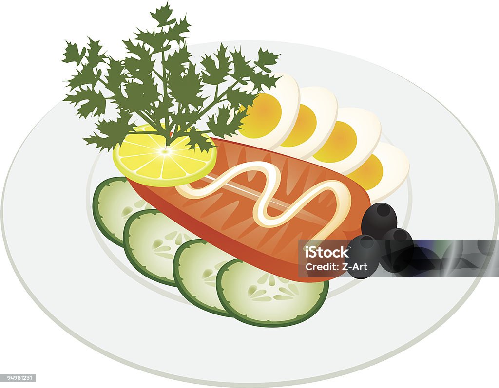 Roosted Рыба с овощами и Яйцо - Векторная графика Без людей роялти-фри