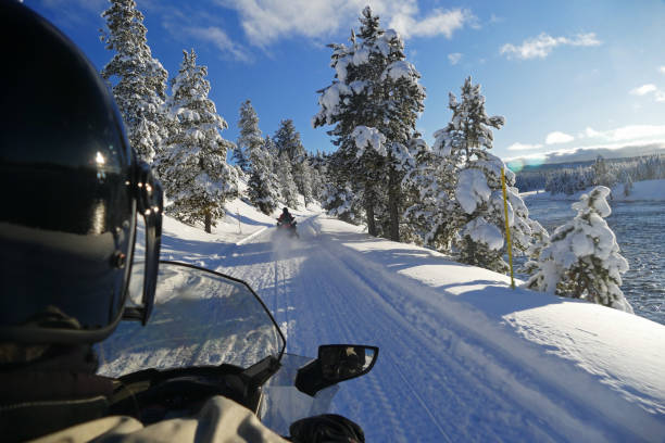 катание на снегоходах в национальном парке йеллоустоун - snowmobiling snow winter mountain стоковые фото и изображения