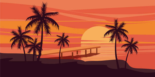 Tropical beautiful sunset, landscape, palms, sea, vector, cartoon style, illustration isolated Tropical beautiful sunset, landscape, palms sea vector beach silhouettes stock illustrations