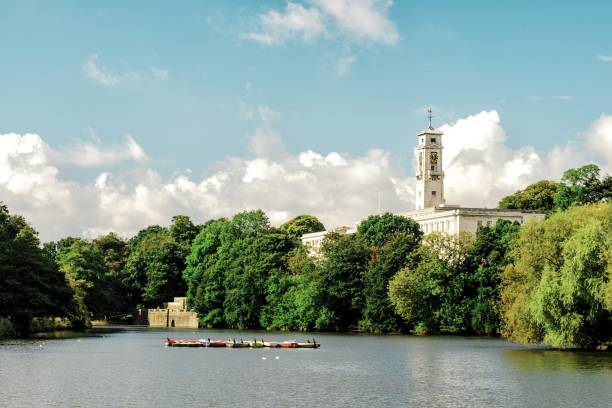 University of Nottingham: View of Trent Building from Highfields Park University of Nottingham: View of Trent Building and boating lake from Highfields Park nottingham stock pictures, royalty-free photos & images