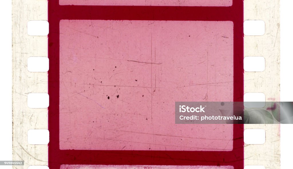 Film strip template with frames, empty color positive 135 type (35mm) with scratches and cracks isolated on white background with work path. Movie Stock Photo