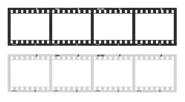 film strip vorlage mit rahmen, leer und schwarz 135 typ (35mm) in negativen und positiven isoliert auf weißem hintergrund mit arbeitspfad. - negativ fotografisches bild stock-fotos und bilder