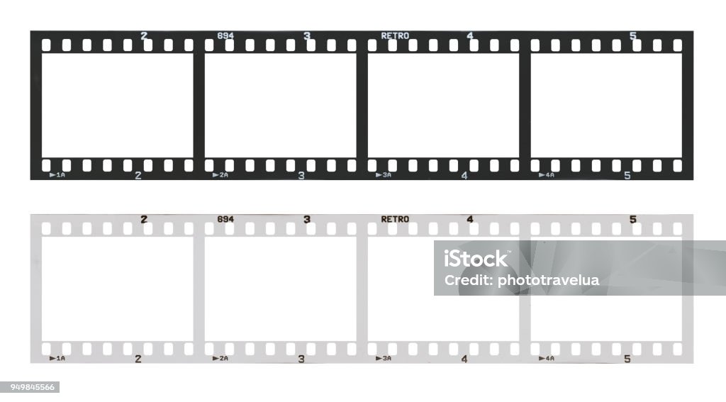 plantilla de tira de película con los marcos, tipo de vacío y negro 135 (35mm) en negativo y positivo aislado sobre fondo blanco con trazado de trabajo. - Foto de stock de Película - Equipo fotográfico libre de derechos