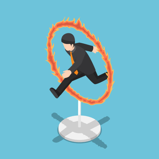 izometryczny biznesmen przeskakuje przez obręcz ognia. - heat effort emotional stress business stock illustrations