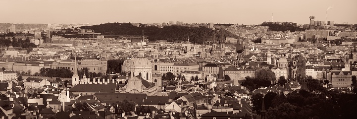 Prague skyline rooftop view with historical buildings panorama in Czech Republic.