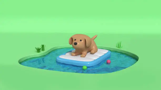 Brown dog on bed in pond 3d rendering